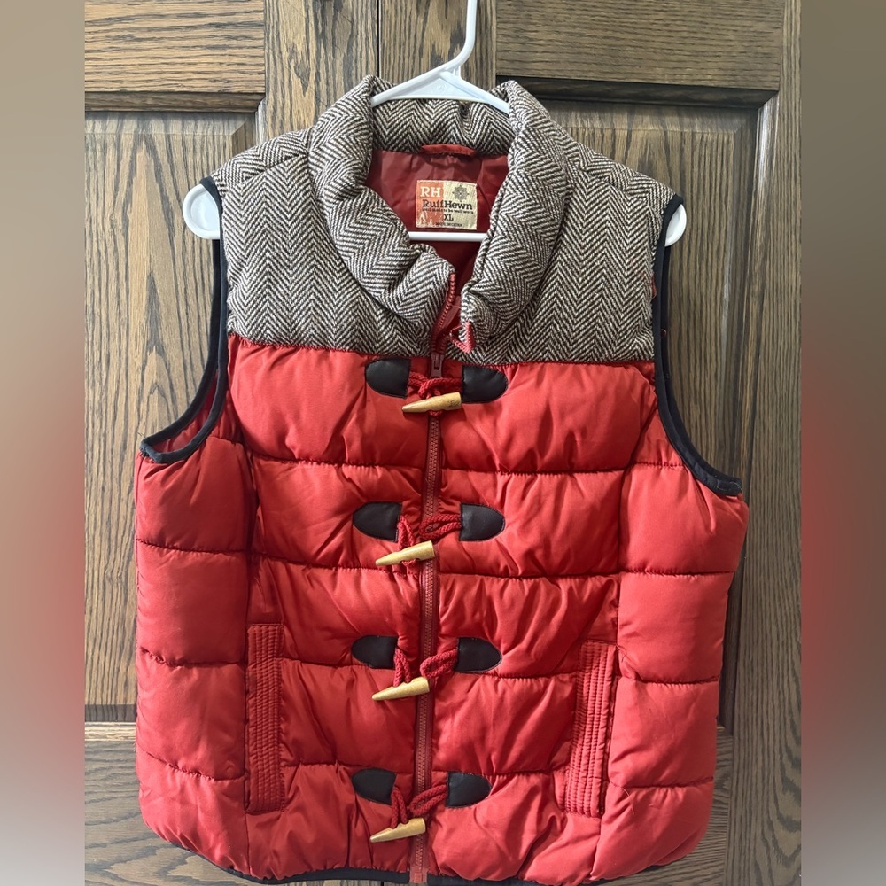 Ruff Hewn Red Puffer Vest with Brown Herringbone Collar